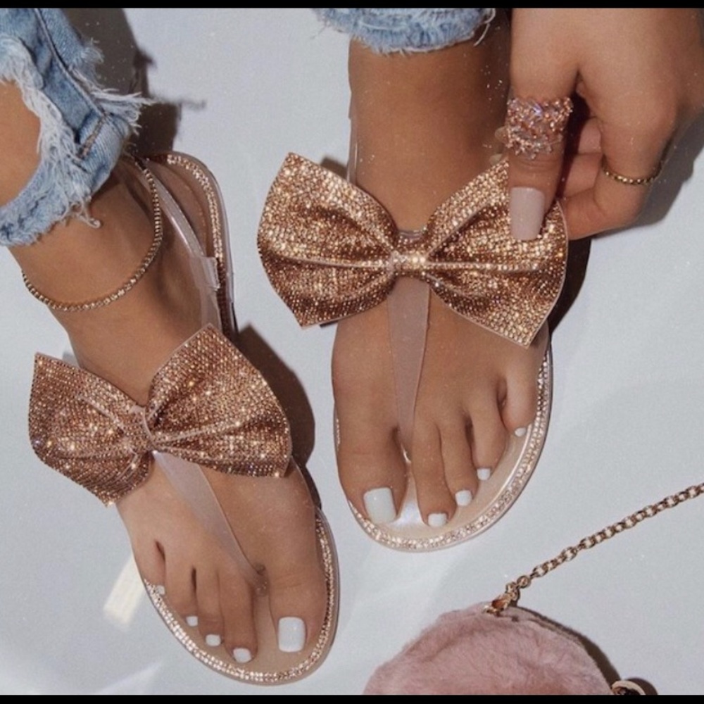 Rhinestone Bling Bow Jelly Sandals Nude Flip Flops - Picture 6 of 8
